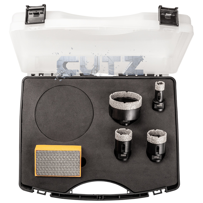 COFFRET DE TRÉPANS POUR MEULEUSE SET H C DIAMÈTRES 20/35/55/68 MM + PAD DIAMANTÉ 120MM + DISQUE DIAMANT 125 COFFRET DE TRÉPANS POUR MEULEUSE SET H C DIAMÈTRES 20/35/55/68 MM + PAD DIAMANTÉ 120MM + DISQUE DIAMANT 125