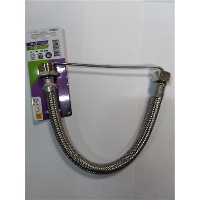 FLEXIBLE ALIM. INOX MF 1/2 - 3/8 L:300 DN8 PLAQUETTE 1 PIÈCE FLEXIBLE ALIM. INOX MF 1/2 - 3/8 L:300 DN8 PLAQUETTE 1 PIÈCE