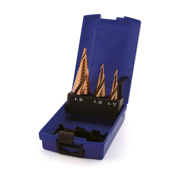 FORÊT ÉTAGÉS HSS-E FLÛTES À SPIRALE / SET DE 3 (4-12, 4-20, 4-30MM) FORÊT ÉTAGÉS HSS-E FLÛTES À SPIRALE / SET DE 3 (4-12, 4-20, 4-30MM)
