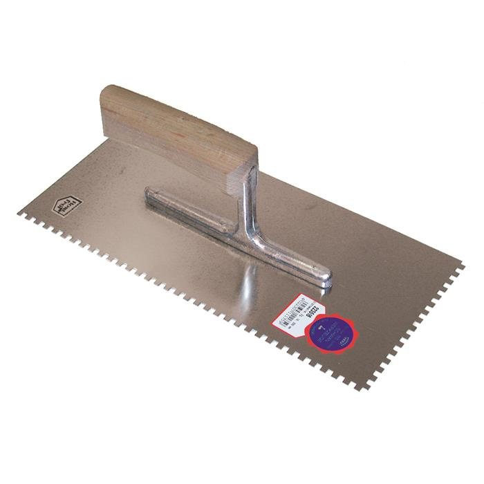 PLÂTRESSE DENTELÉE 280 X 130 / 4 X 4 MM / ZG16 AVEC MANCHE BOIS COURBÉ - INOX PLÂTRESSE DENTELÉE 280 X 130 / 4 X 4 MM / ZG16 AVEC MANCHE BOIS COURBÉ - INOX