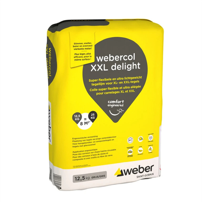 WEBERCOL XXL DELIGHT BLANC 12,5 KG COLLE À CARRELAGE SUPER FLEXIBLE ET ULTRA ALLÉGÉE SPÉCIALEMENT CONÇUE POUR LA POSE DE CARRELAGES XL ET XXL WEBERCOL XXL DELIGHT BLANC 12,5 KG COLLE À CARRELAGE SUPER FLEXIBLE ET ULTRA ALLÉGÉE SPÉCIALEMENT CONÇUE POUR LA POSE DE CARRELAGES XL ET XXL